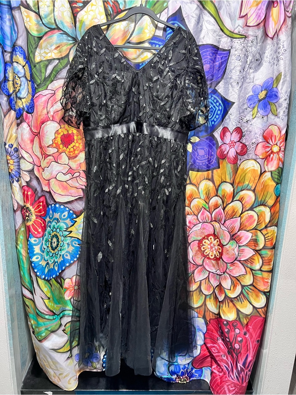 Black Sequin Leaf-Embellished V-Neck Midi Dress